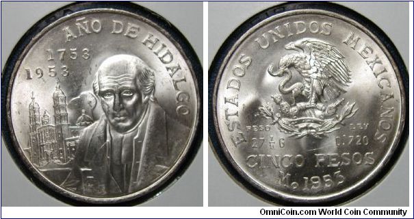 1953 Mexico 5 Pesos, Bicentennial of Hidalgo's birth, .720 silver