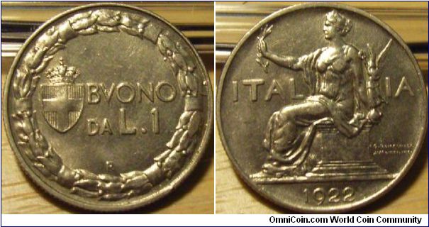 Italy 1922 1 lira. aUNC! 4.00