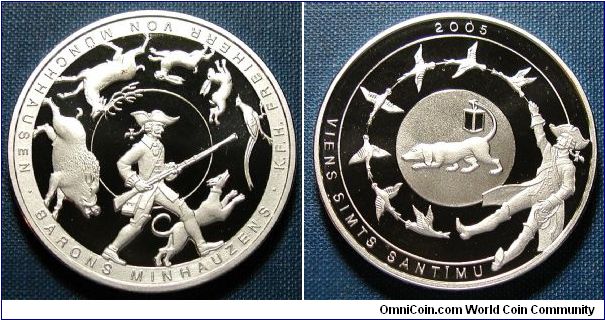 2005 Latvia 1 Lats, Baron von Munchhausen, .925 silver, 31.47g, 38.61mm, Proof
