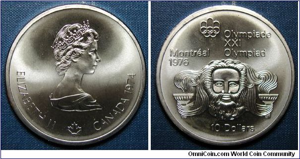 1974 Canada 10 Dollars , Montreal Olypics Head of Zeus, .925, 48.6g, 45mm.