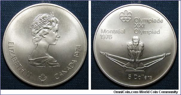 1974 Canada 5 Dollars, Montreal Olympics, Rowing, .925 silver, 24.3g, 38mm.