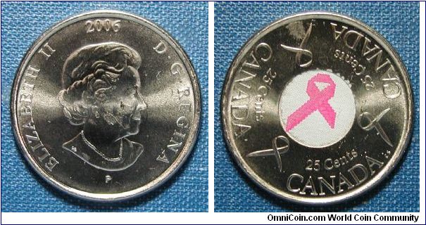 2006 Canada 25 cents, Breast Cancer Ribbon.