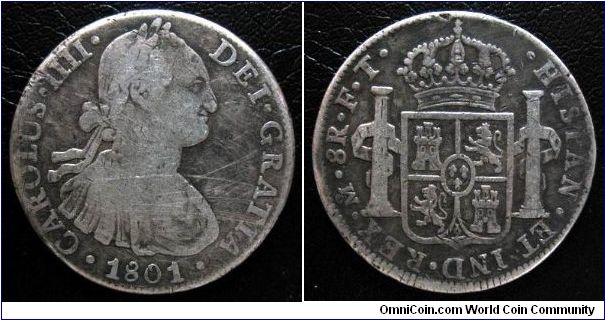 1801 8 Reales Mexico Pillar Dollar. Extra Fine Conditions