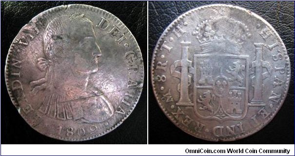1809 8 Reales Mexico Pillar Dollar. Quite Rare to find. Fine Conditions.