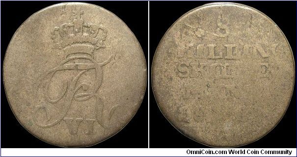 8 Skilling.

Minted while under Danish rule. Heavily worn example, the only reason you can be sure of the date on this coin is that it is a one year type with the obverse shown.                                                                                                                                                                                                                                                                                                                                 