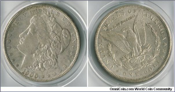 1900 SILVER DOLLAR

Mintage:
Circulation strikes: 8,830,000


Designer: George T. Morgan
Diameter: 38.1 millimeters

Metal Content:
Silver - 90%
Copper - 10%

Weight: 26.73 grams

Edge: Reeded

Mintmark: None (for Philadelphia) below the center of the wreath on the reverse