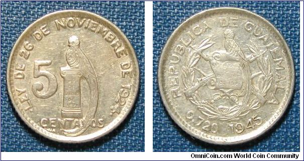 1945 Guatemala 5 Centavos