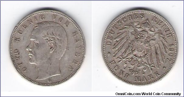 1907D Bavaria-5 mark KM#512.1
.8038OZ/.900 silver
.420 Minted