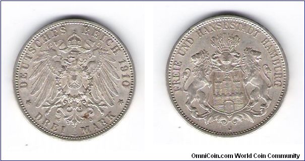 1910 J Hamburgh germany 3-Mark 
KM#296 Y#58
.4823 OZ/.900 silver
.526 minted  these pictures are scans so they dont show the Quality