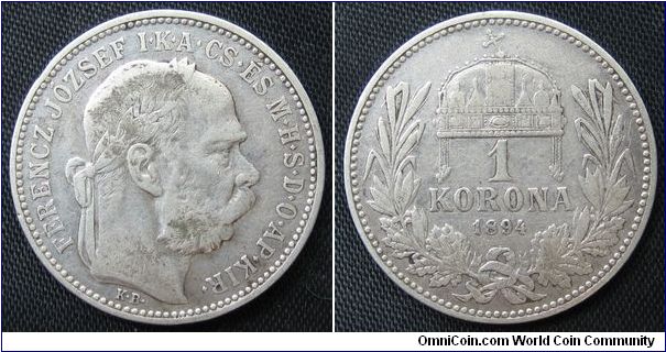 1 korona
Diameter: 23 mm, 5g
Ag 0.835
Mintage 12.077.000 coins.
Franz Joseph