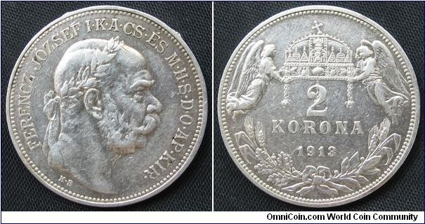 2 korona
Diameter: 27 mm, 10g
Ag 0.835
Mintage 3.000.000 coins.
Franz Joseph