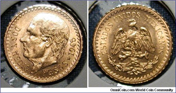 1945 Mexico 2 1/2 Pesos, Gold.