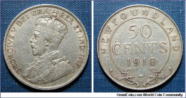 1918 Newfoundland (Canada) 50 Cents, cleaned.