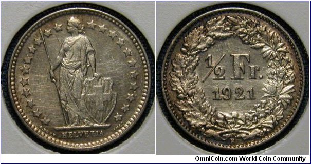 1921 Switzerland Half Franc, Cleaned.