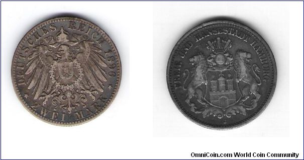 german states
(Hamburg)
1896(J) Km#294
.286-minted
.3215OZ/
.900 Silver