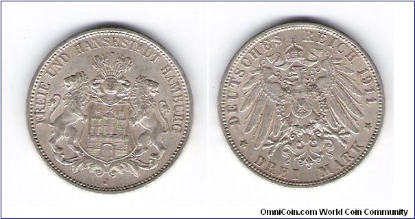 1911(J) HAMBURG 
Km#296 Y#58
3-mark
.922-Minted
.4823OZ/.900
Silver
