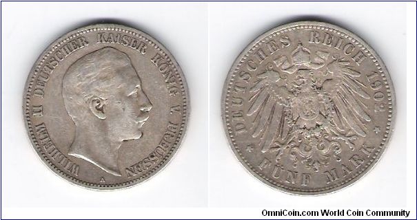 1902(A) Prussia-GS
5 MArk
KM#523 Y#122a
.8038 .OZ/.900
SIlver
1.951-Minted