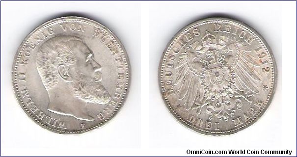 1912(F) 3-Mark
WurtenBurg
.849-Minted
.4823 .OZ/.900
Silver
KM#635 Y#221