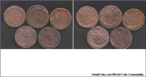 Some copper 5 Kopecs from Ekaterinburg Mint for period  1765 - 1792