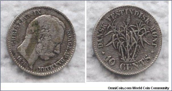 Danish West Indies (US Virgin Islands), 10 cents , 1878, Ag, IX. Christian