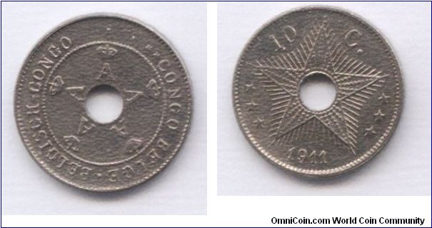 Belgian Congo (Zaire), 10 centimes, 1911, copper-nickel