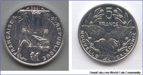 New Caledonia, 5 francs, 1990, aluminium