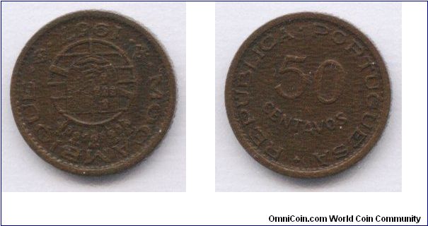 Mozambique, 50 centavos, 1957, bronze
