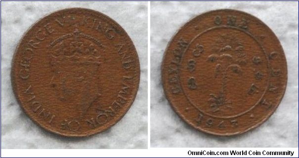 Ceylon, 1 cent, 1943, bronze