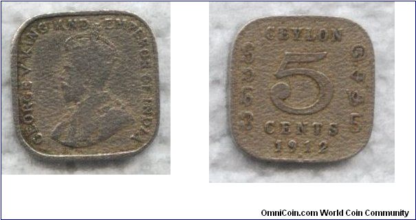 Ceylon, 5 cents, 1912, copper-nickel