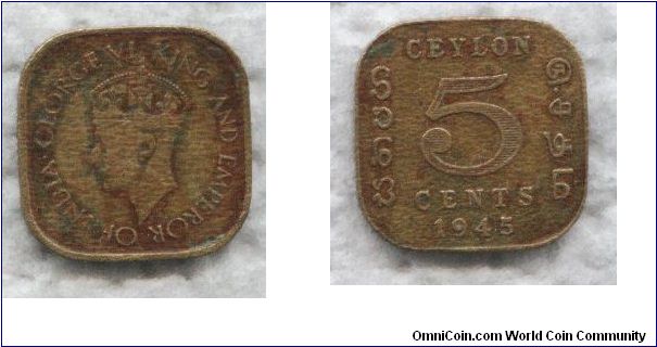 Ceylon, 5 cents, 1945, nickel-brass
