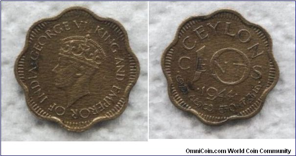 Ceylon, 10 cents, 1944, nickel-brass