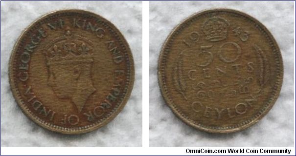 Ceylon, 50 cents, 1943, nickel-brass