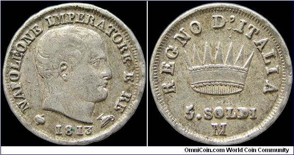 5 Soldi, Napoleonic Kingdom of Italy.

One of the more common of the 5 soldi pieces released in the Napoleonic era.                                                                                                                                                                                                                                                                                                                                                                                               