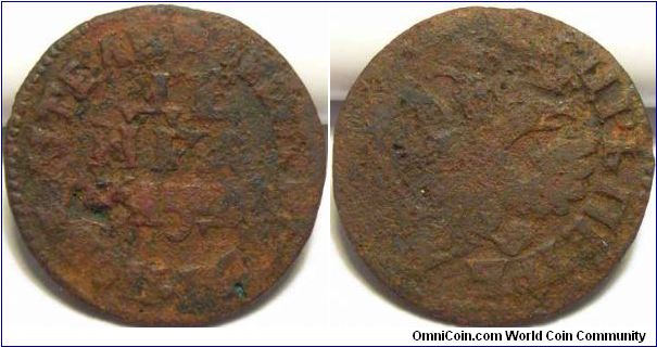 Russia 1704 denga. Heavily corroded but there are still some details left.