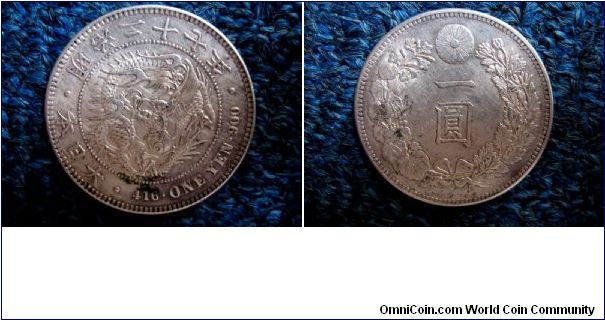 1894 (Year 27) 1 Yen Japan Silver Coin. Great Condition.