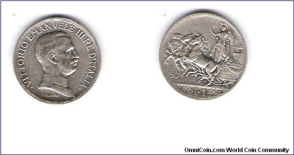 1917(R) KM#57
.1342 OZ/.8350 Silver
4,744,000-minted
1 LIRA