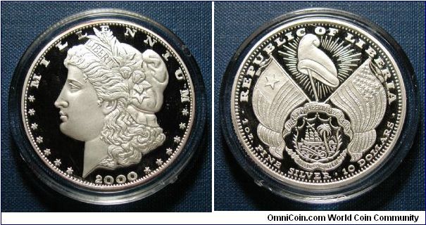 2000 Liberia 10 Dollars Millennium Proof.  Morgan Dollar Design.