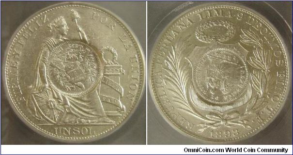 1 Peso 1894 Counterstamp on Peru 1 Peso 1893 T.F. ICG MS63