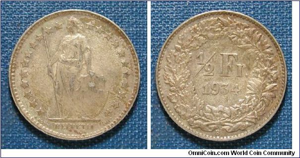 1934 Switzerland 1/2 Franc