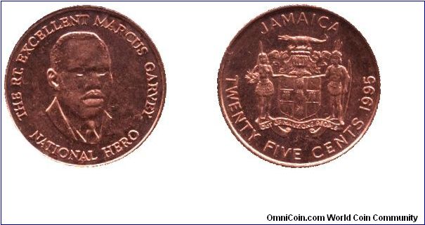 Jamaica, 25 cents, 1995, National Hero: Marcus Garvey.                                                                                                                                                                                                                                                                                                                                                                                                                                                              