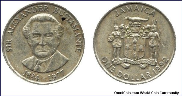 Jamaica, 1 dollar, 1992, Ni-Brass, National Hero: Sir Alexander Bustamante.                                                                                                                                                                                                                                                                                                                                                                                                                                         
