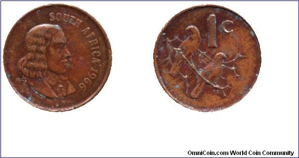 South Africa, 1 cent, 1966, Bronze, Jan van Riebeek, two sparrows.                                                                                                                                                                                                                                                                                                                                                                                                                                                  