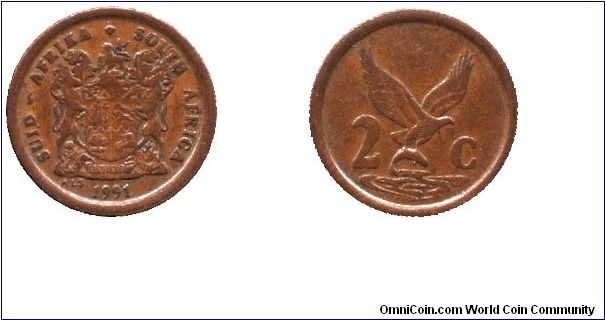 South Africa, 2 cents, 1991, Cu-Steel, Fisher Eagle (Haliaetus Vocifer).                                                                                                                                                                                                                                                                                                                                                                                                                                            