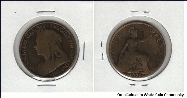 One Penny Old British Coin. Potrait of Queen Victoria.