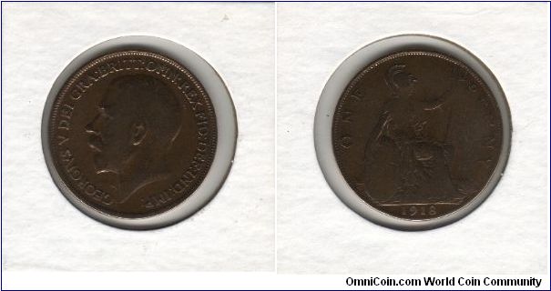 One Penny. Old British Coin. Potrait of King George V.