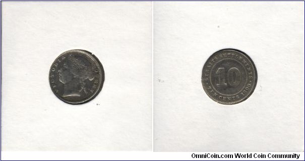 10 Cents. Silver '.800' fine. Potrait of Queen Victoria. Coin of Strait Settlements.