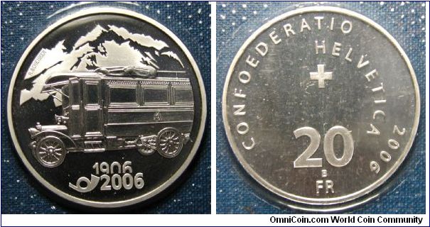2006 Switzerland 20 Franken Silver, 100 Years of the Postal Bus.