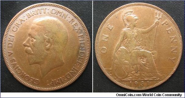 1 penny
Diameter: 31 mm, Bronze
Mintage 19.843.000 coins.
George V.