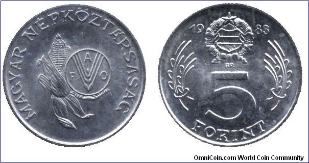 Hungary, 5 forint, 1983, Ni, FAO.                                                                                                                                                                                                                                                                                                                                                                                                                                                                                   