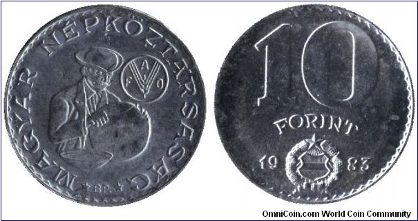 Hungary, 10 forint, 1983, Ni, FAO.                                                                                                                                                                                                                                                                                                                                                                                                                                                                                  